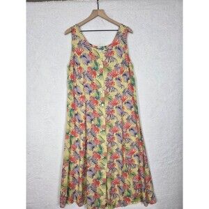 Vtg Koret Sundress 1X Yellow Tropical Floral Maxi Button Front Smocked Cottage